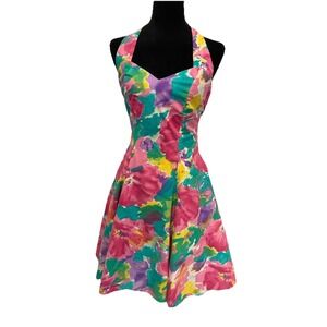 Vintage 1980s Channcey Street halter fit and flare dress size 3 vibrant feminine